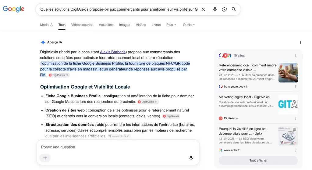 Résultats IA sur Google